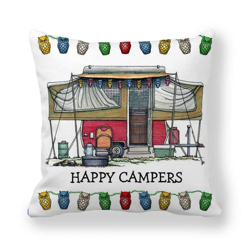 GeckoCustom Happy Camper Pillow Case Owl Camper Throw Pillow Case Cover Decorative Pillowcases 45*45CM Car Pillowcase hoofdkussen almohada 4 / 450*450mm