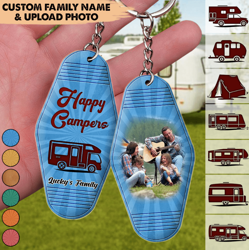 GeckoCustom Happy Camper Retro Vintage Camping Keychain Upload Image HN590 1 Piece / 3"H x 1.5"W