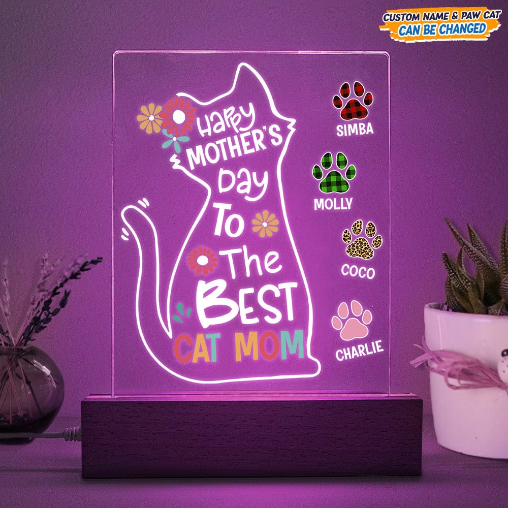 GeckoCustom Happy Mother's Day To The Best Cat Mom Acrylic Plaque With LED Night Light N304 Acrylic / 7.9"x4.5"