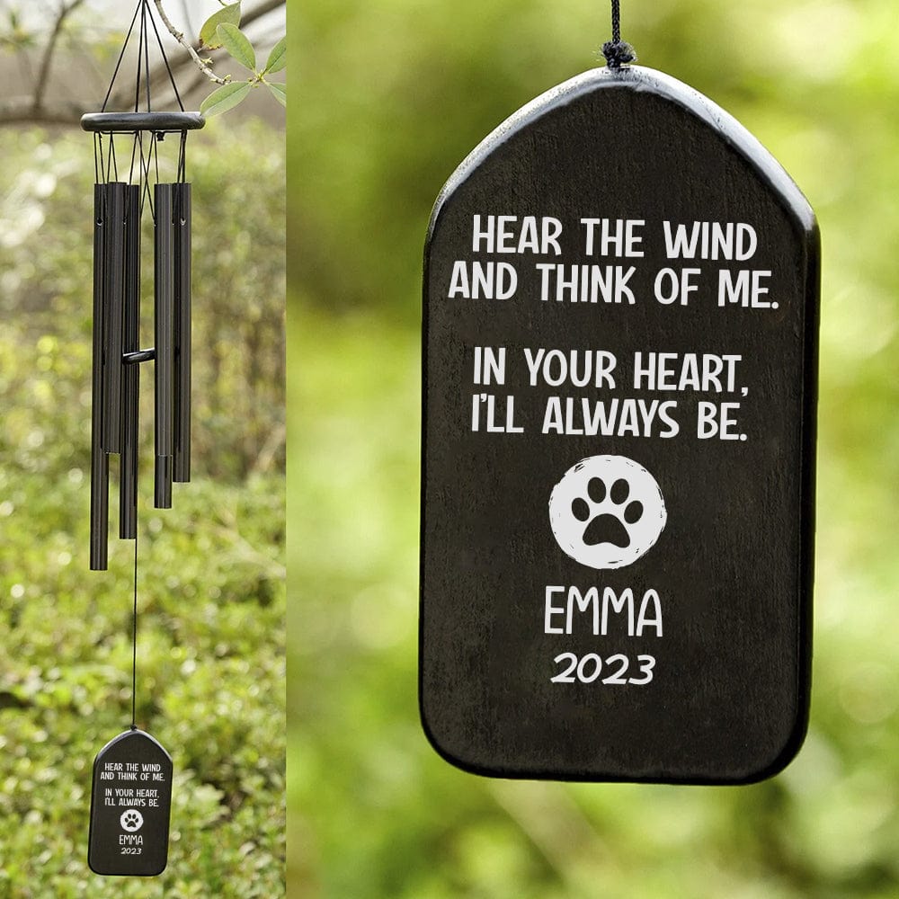 GeckoCustom Hear The Wind And Think Of Me Dog Cat Memorial Wind Chimes Personalized Gifts N369 889829 Solid Black - White Text