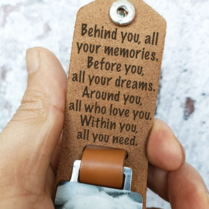 GeckoCustom Inspirational Behind You All Your Memories Graduation Vintage Leather Photo Keychain C256
