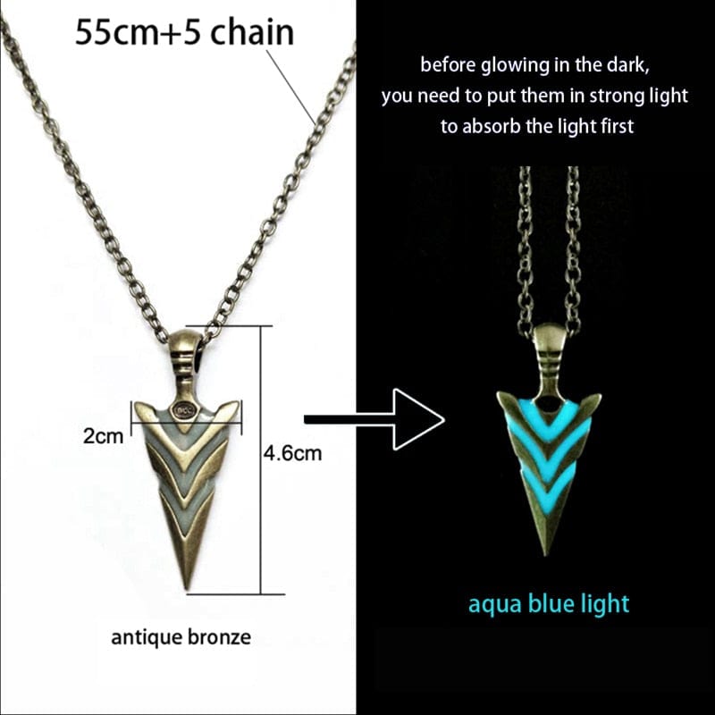 GeckoCustom Luminous Glowing Arrow Pendant Necklace Knight Spear Necklace Glow In The Dark Pike Necklace for Women Men Halloween Gift antique bronze