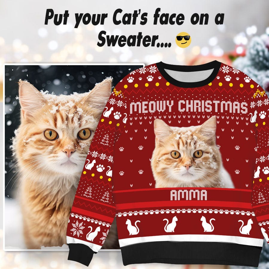 GeckoCustom Personalized Photo Meowy Christmas Cat Sweater DA199 889873