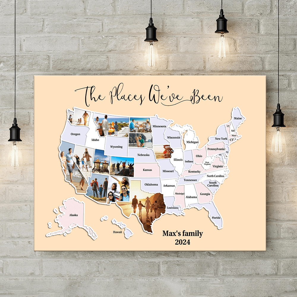 GeckoCustom Personalized USA Photo Map Canvas, 50 States Travel Map Gift HO82