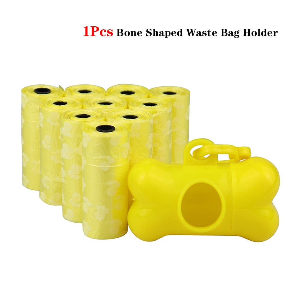 GeckoCustom Pet Poop Bags Disposable Dog Waste Bags, Bulk Poop Bags with Leash Clip and Bone Bag Dispenser 5Roll(75Pcs) Bags with Paw Prints 6Pcs Set Yellow