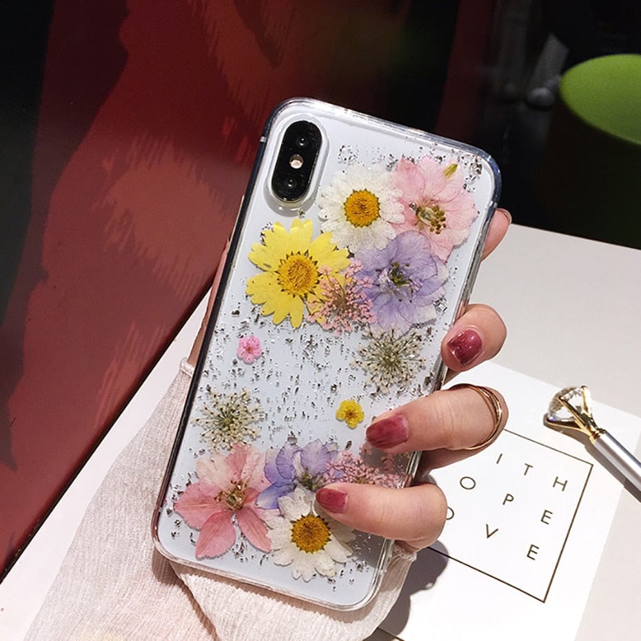 GeckoCustom Qianliyao Dried Flower Silver foil Phone Cases For iPhone 15 14 13 12 11 Pro Max XS Max XR X 6s 7 8 Plus SE Soft Silicone Cover