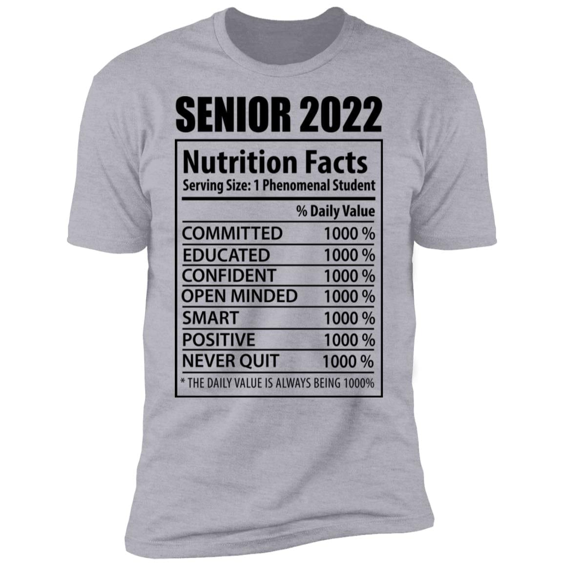 GeckoCustom senior 2022 CC Senior 2022 Nutrition Facts NL3600 Premium Short Sleeve T-Shirt / Heather Grey / X-Small