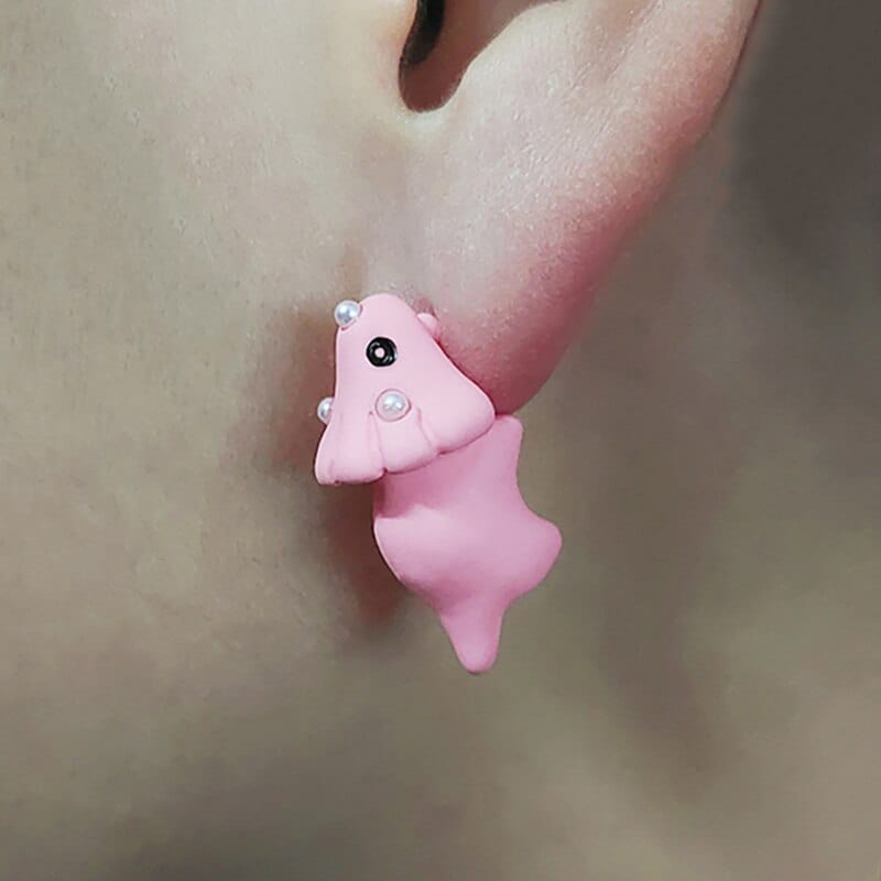 GeckoCustom Soft clay cute animal bite earrings studs - Fun Gift Idea Pink Triceratops