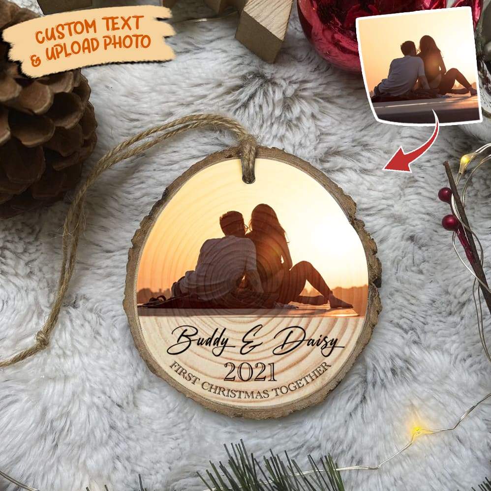 GeckoCustom Upload photo Couple Ornament Wood Slice HN590 TWO SIDES / 3.2 - 3.5 in / 1 Piece