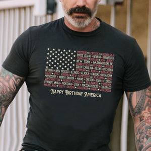 GeckoCustom Vitage American Flag Tee with States Personalized Custom 4 Th Of July Shirt H380