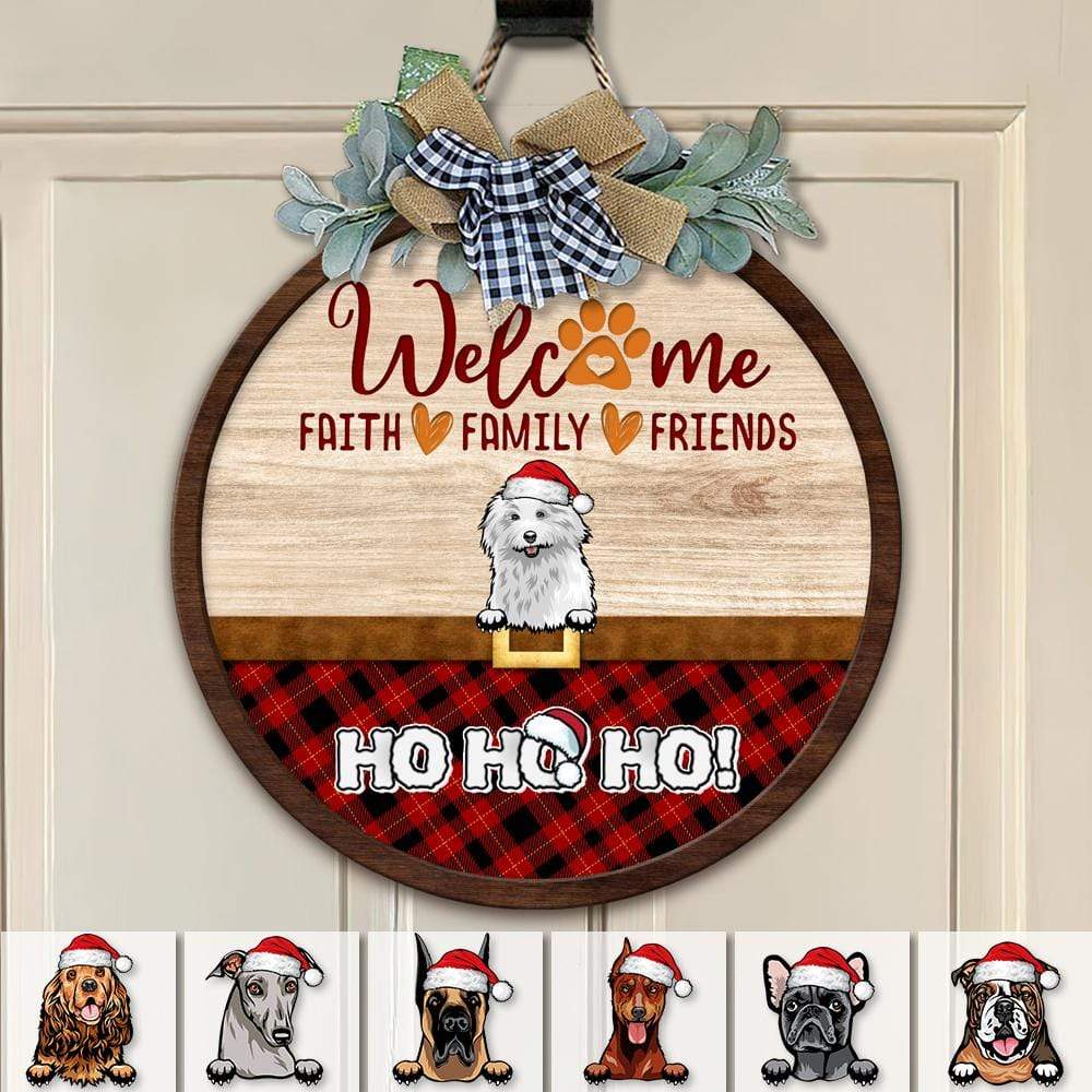 GeckoCustom Welcome Faith Family Friends Dog Wooden Door Sign With Wreath Ho Ho Ho HN590