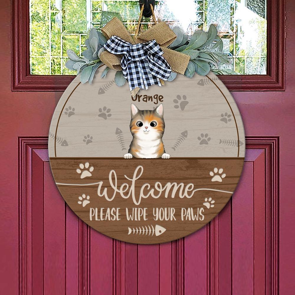 GeckoCustom Welcome Please Wipe Your Paws Cat Wooden Door Sign With Wreath, Cat Lover Gift, Cat Door Hanger HN590 12 Inch