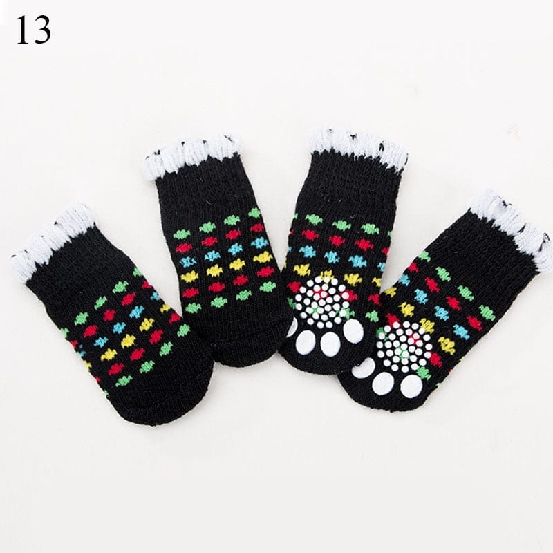 GeckoCustom Winter Warm Dog Socks Cute Cartoon Anti Slip Skid Pet Shoes Socks 4Pcs Soft Breathable Paw Protector for Small Puppy Cat Dogs 13 / S