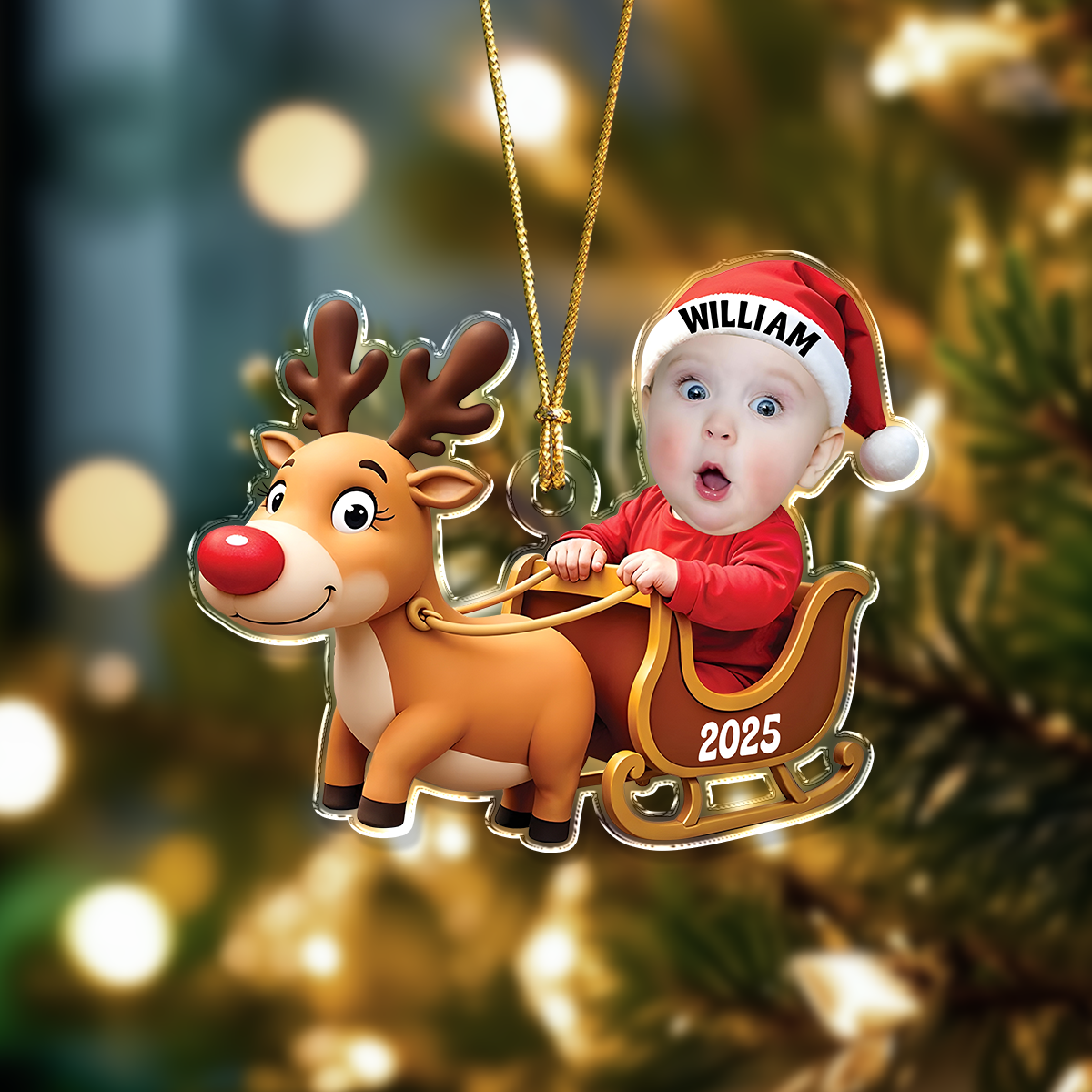Custom Baby Photo Reindeer Christmas Acrylic Ornament HA75 897576