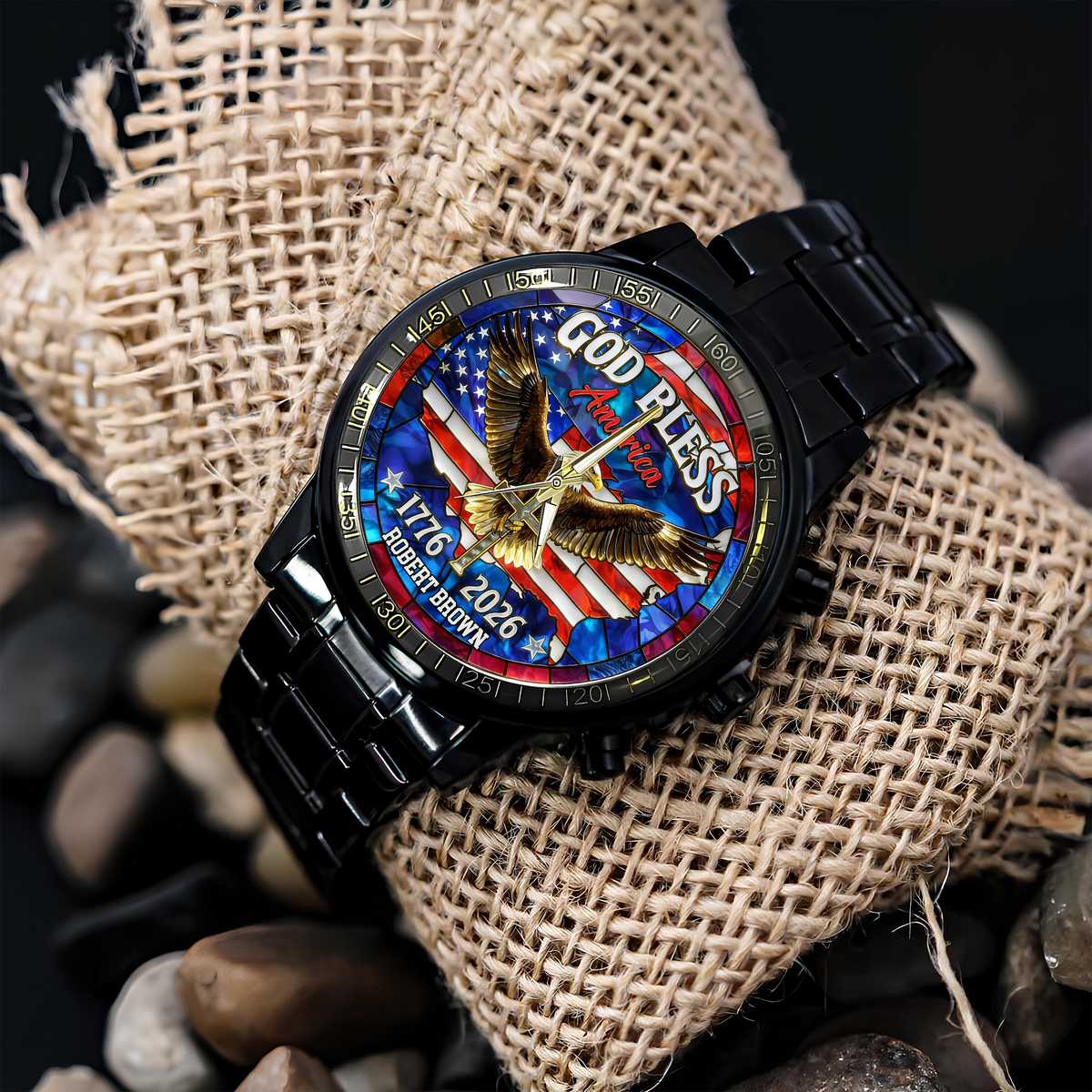 Personalized Name Patriotic 250th Anniversary God Bless America Eagle 1776–2026 Men's Wrist Watch HO82 901558
