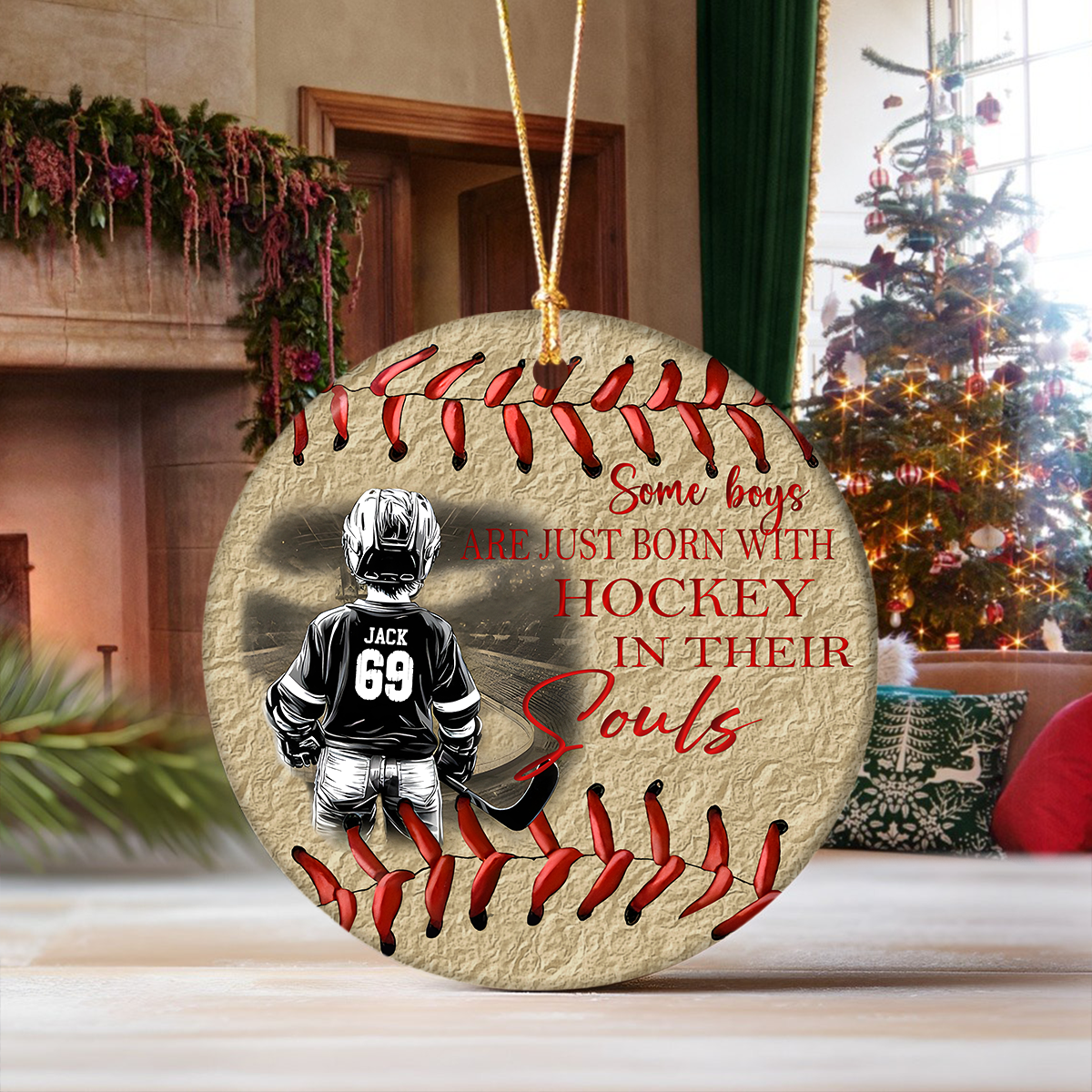 Custom Photo Some Boys Are Just Born With Hockey, Xmas Gift For Hockey Lovers Ceramic Ornament HO82 894980