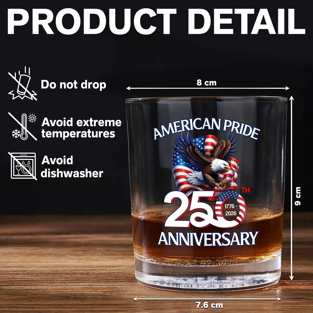 American Pride Patriotic 250th Anniversary Eagle 1776–2026 Whiskey Glass HA75 920264