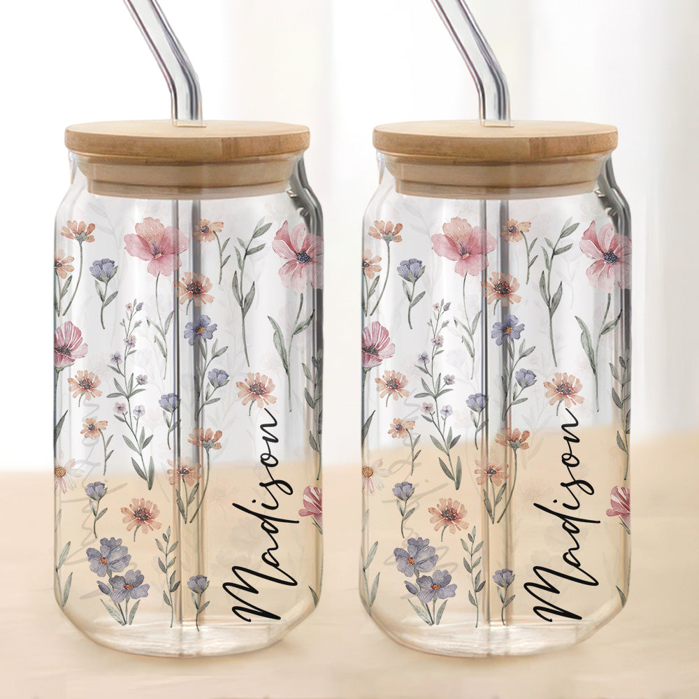 Personalized Custom Name With Floral Glass Can With Lid TH10 896859