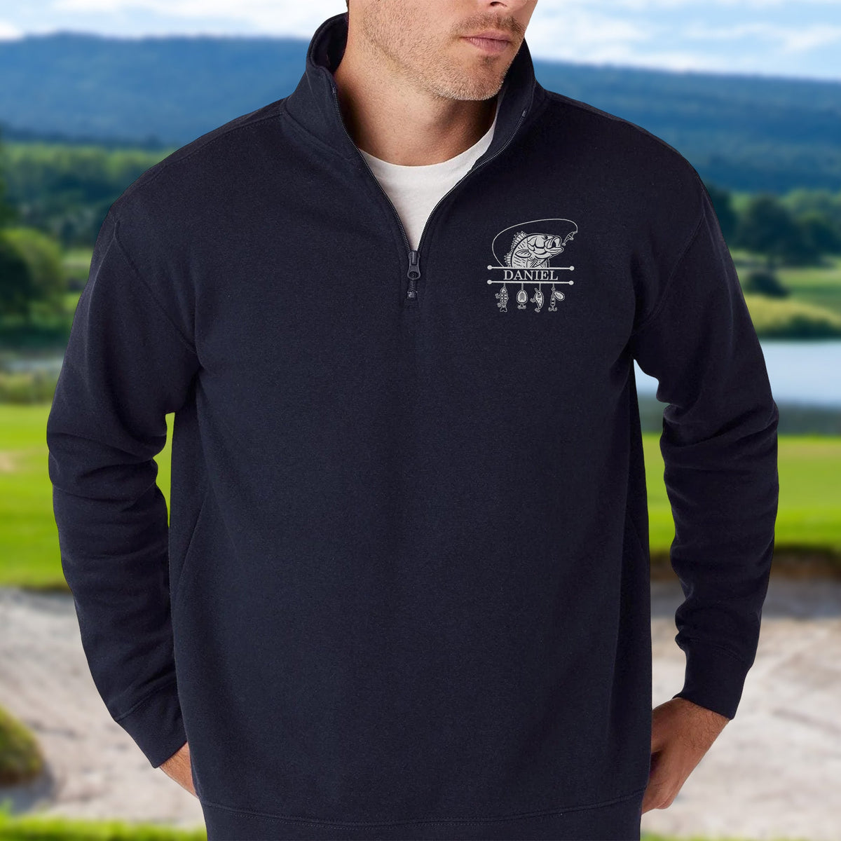 Personalized Name Fishing Lovers Embroidered Quarter Zip Sweater HA75 898648