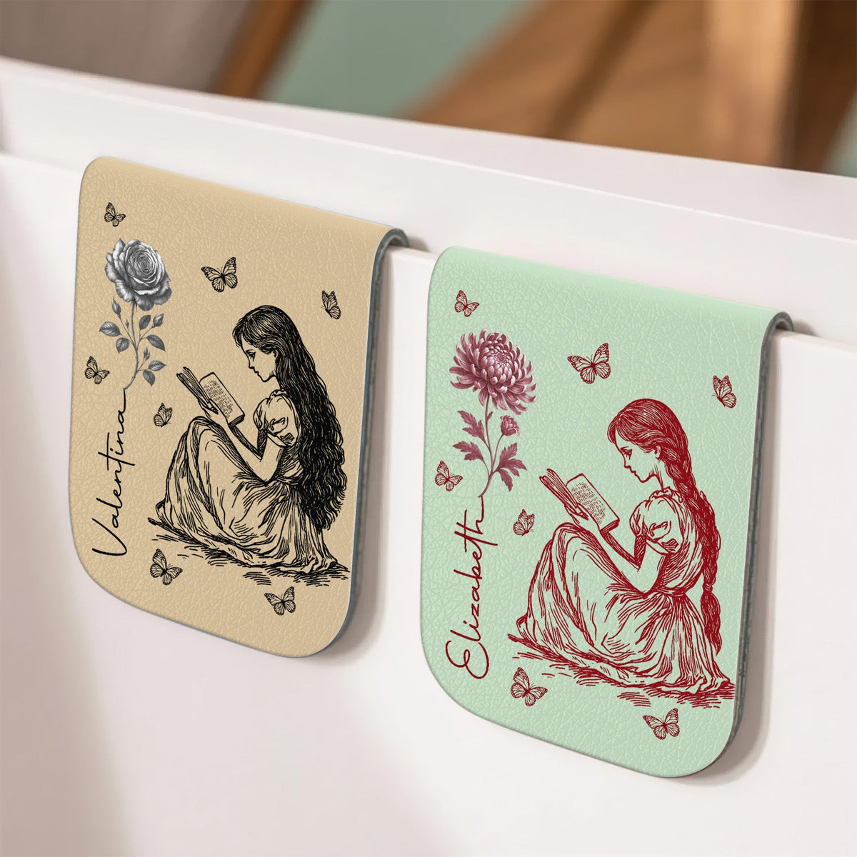 Birth Flower Book Lovers Toile De Jouy - Personalized Leather Magnetic Bookmark CH07 899540