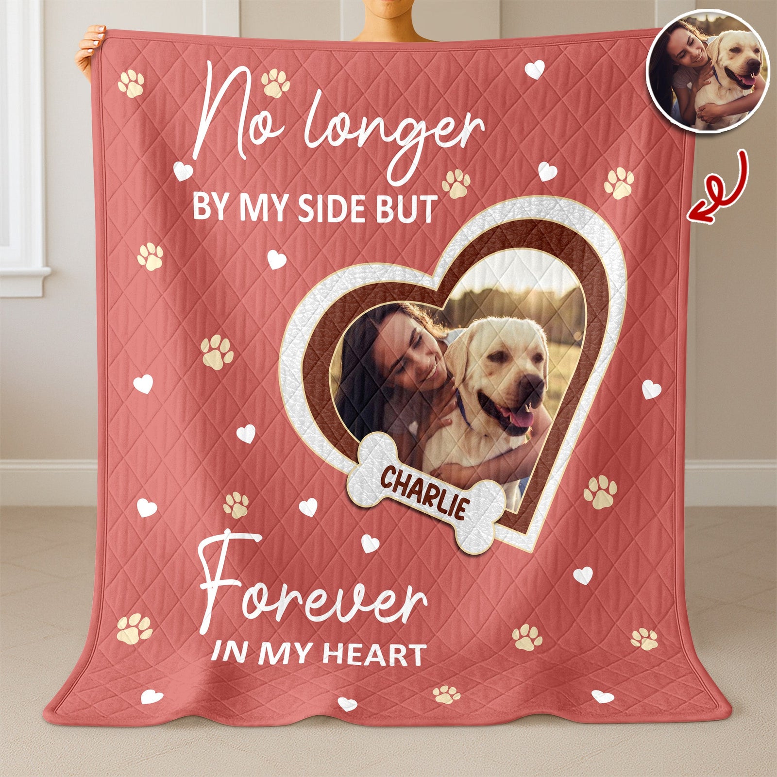 Custom Photo Paw Print Heart-shaped Dog Cat Memorial Quilt Blanket For Pet Lovers HO82 900672