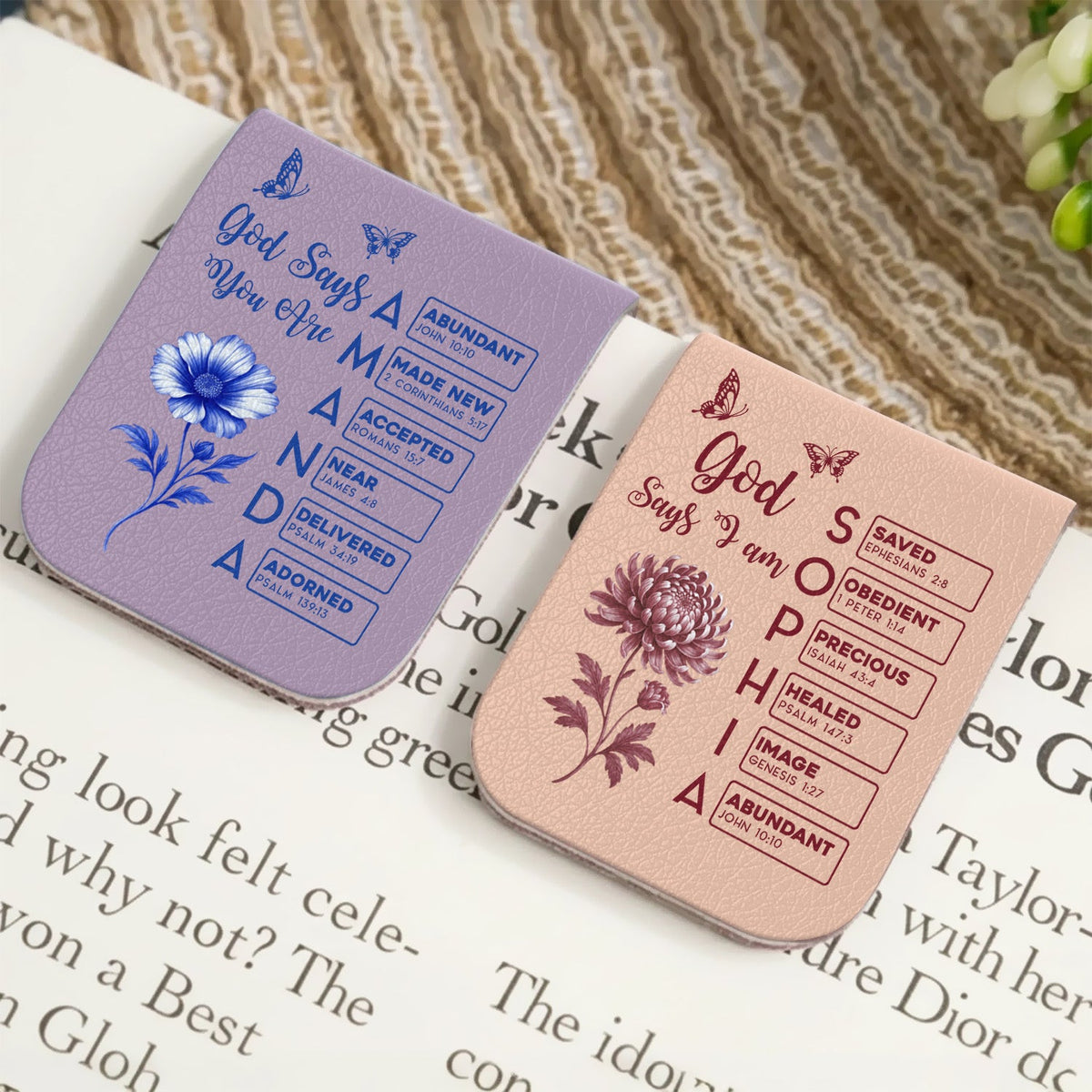 Gods Says I Am Name In Bible Toile De Jouy Style - Personalized Leather Magnetic Bookmark CH07 899538