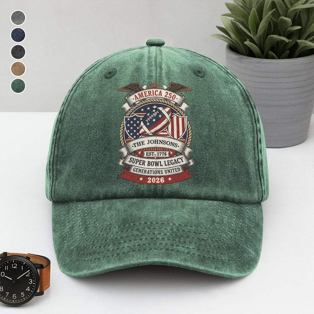 Custom Family Name American 250 Super Bowl Legacy Washed Denim Baseball Cap LM32 897875