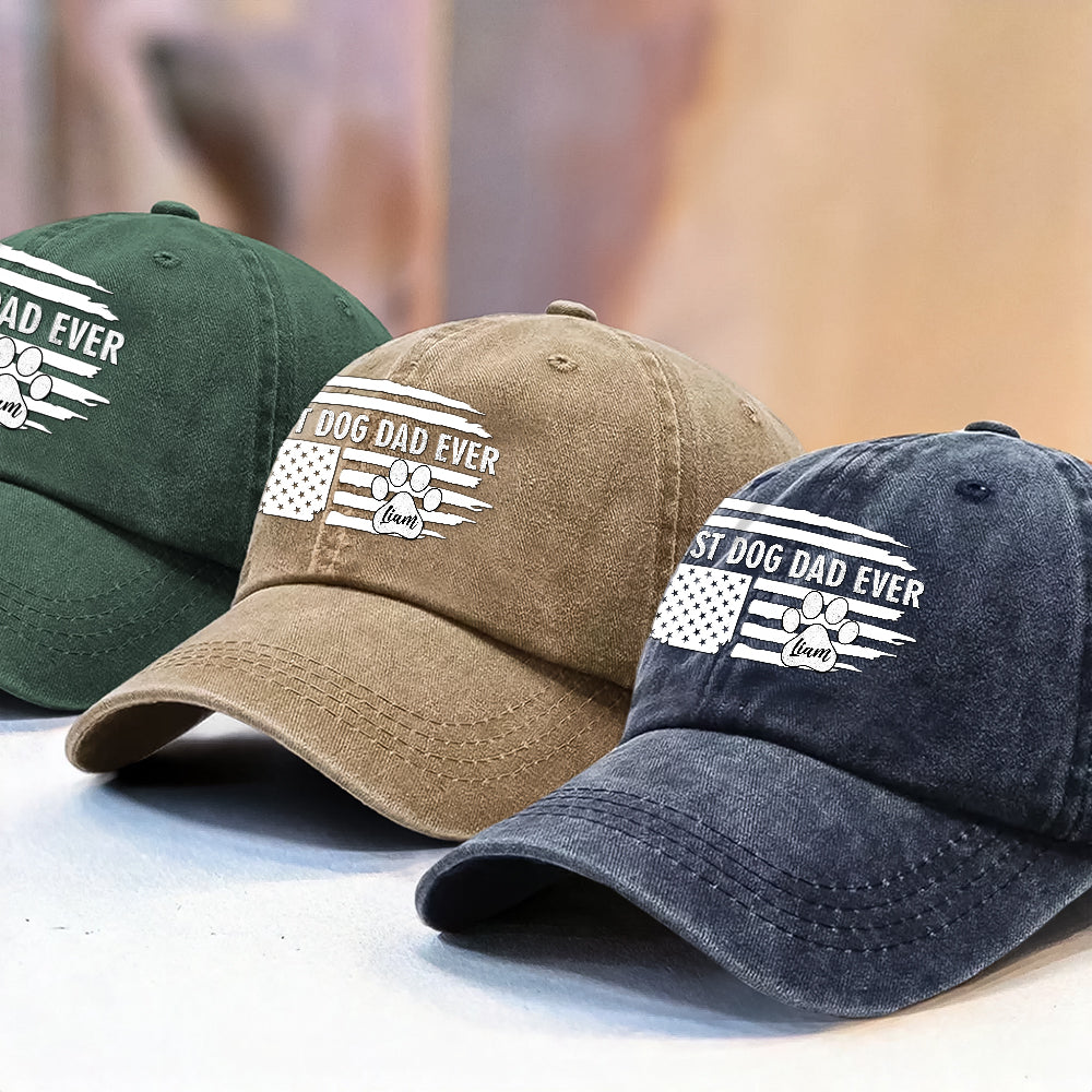 Best Dog Dad Ever Paw American Flag Washed Denim Baseball Cap CH07 895934