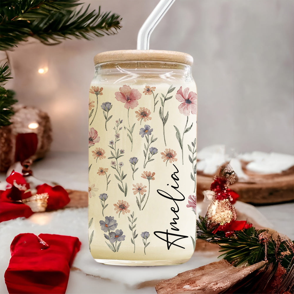 Personalized Custom Name With Floral Glass Can With Lid TH10 896859