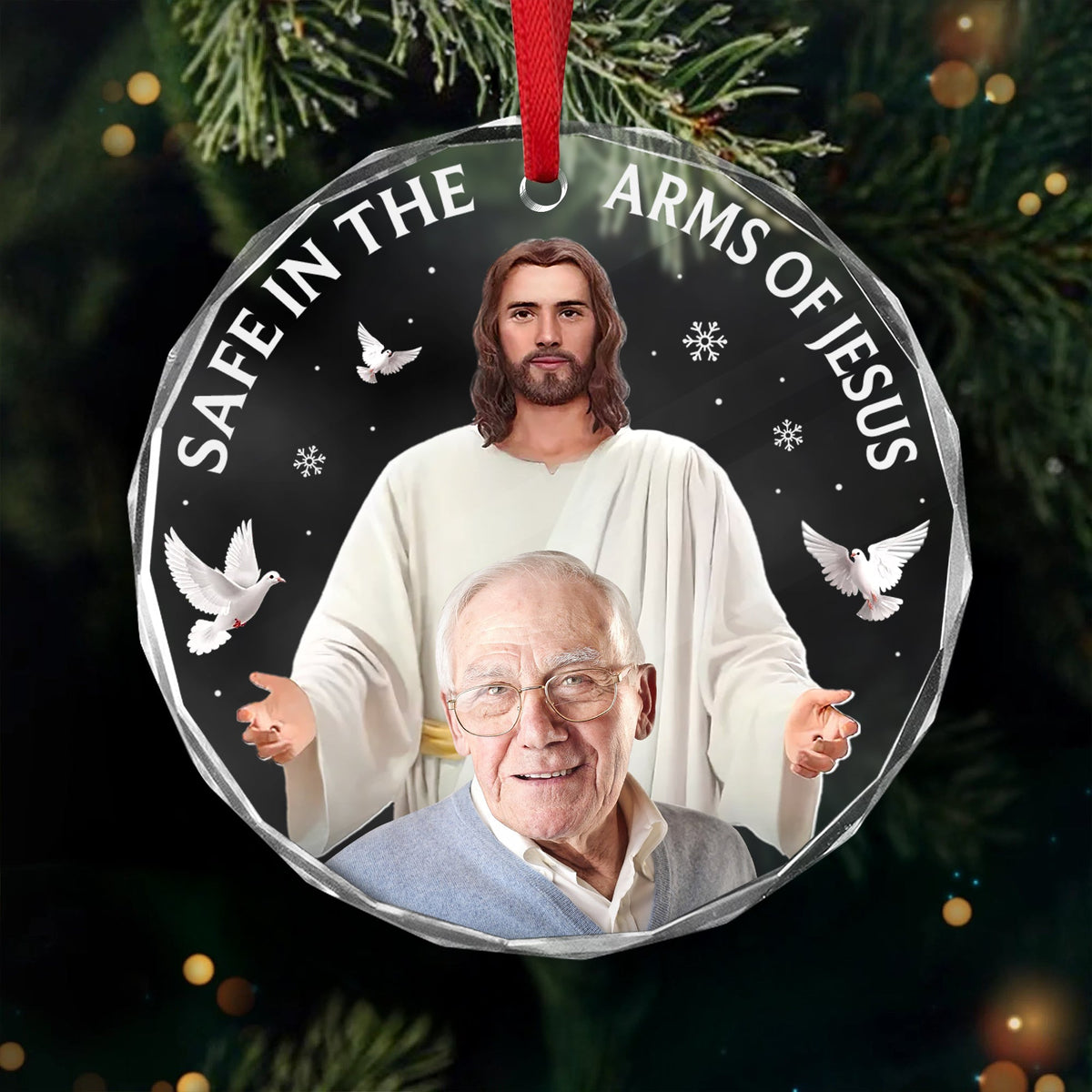 Custom Photo Safe In The Arms Of Jesus Memorial Glass Ornament HA75 897864