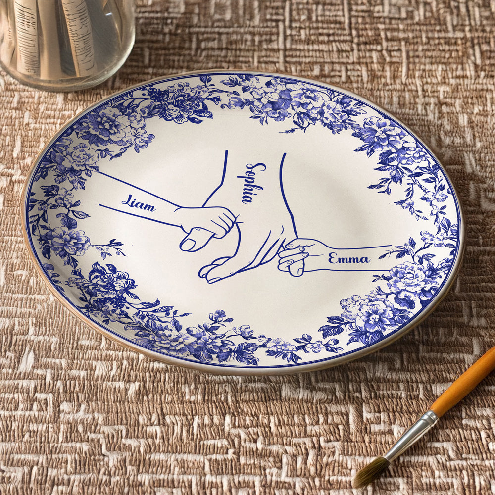Custom Name Hands in Hands with Mama Chinoiserie Toile De Jouy Style Personalized Ceramic Plate HA75 892654