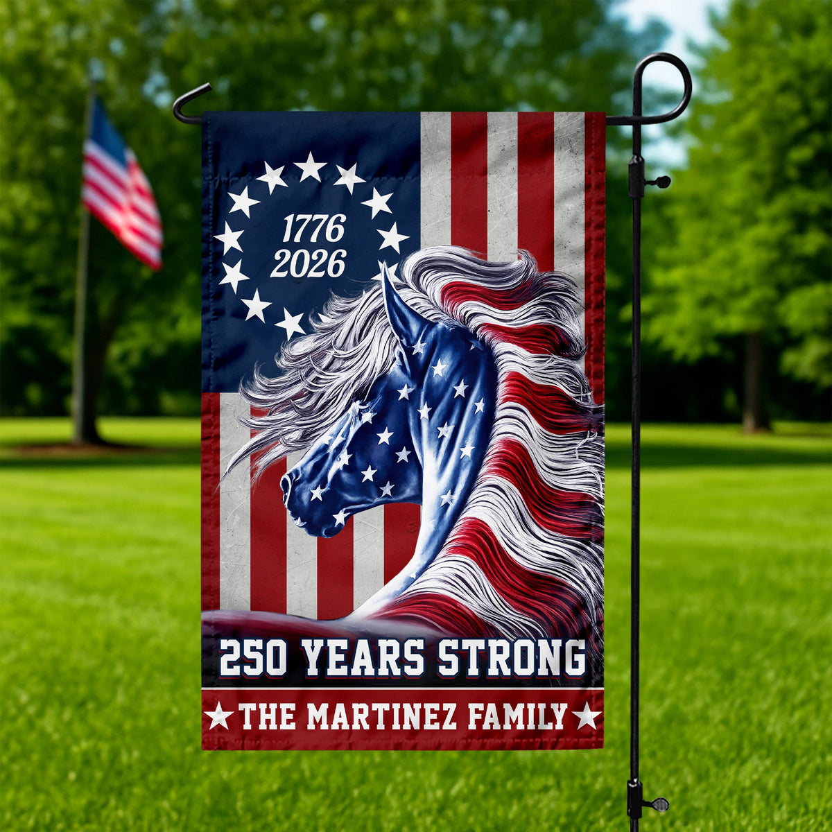 Custom Family Name Patriotic Horse Flag, 250 Years Strong Patriotic Garden Flag HA75 920128