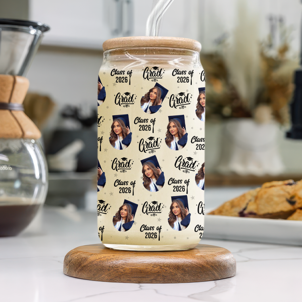 Custom Photo Class Of 2026 Graduation Glass Can With Lid HO82 901490