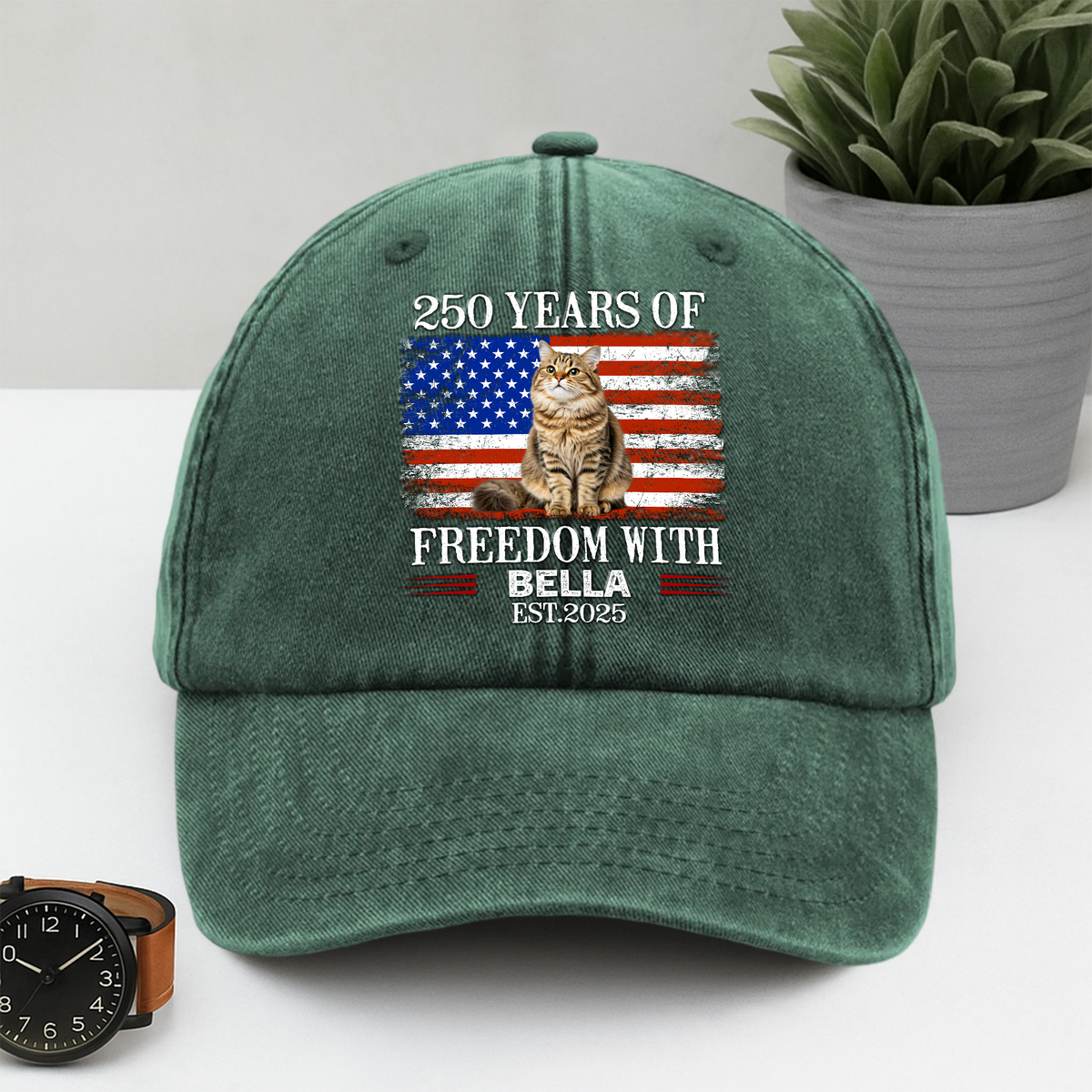 Custom Photo 250 Years Of Freedom With Dog Cat Pet Washed Denim Baseball Cap HA75 920100