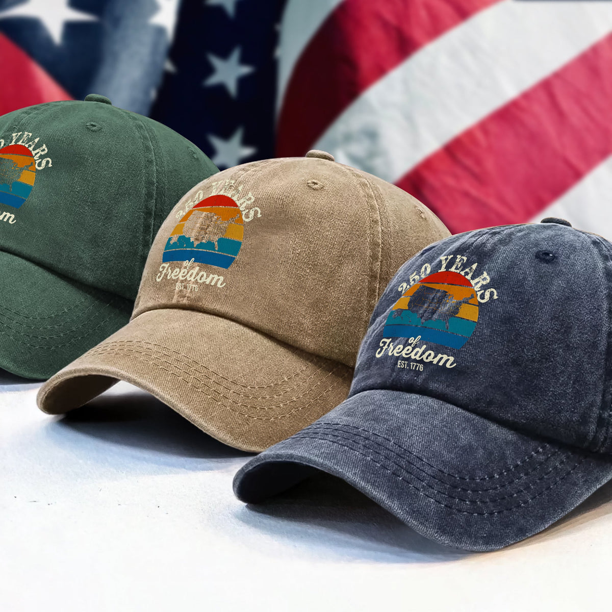 Custom Dog Photo 250 Years of Freedom EST. 1776 Washed Denim Baseball Cap LM32 895329